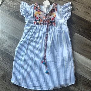 DAVI & DANI Blue and White Ruffled Sundress with Embellished Crew Neck